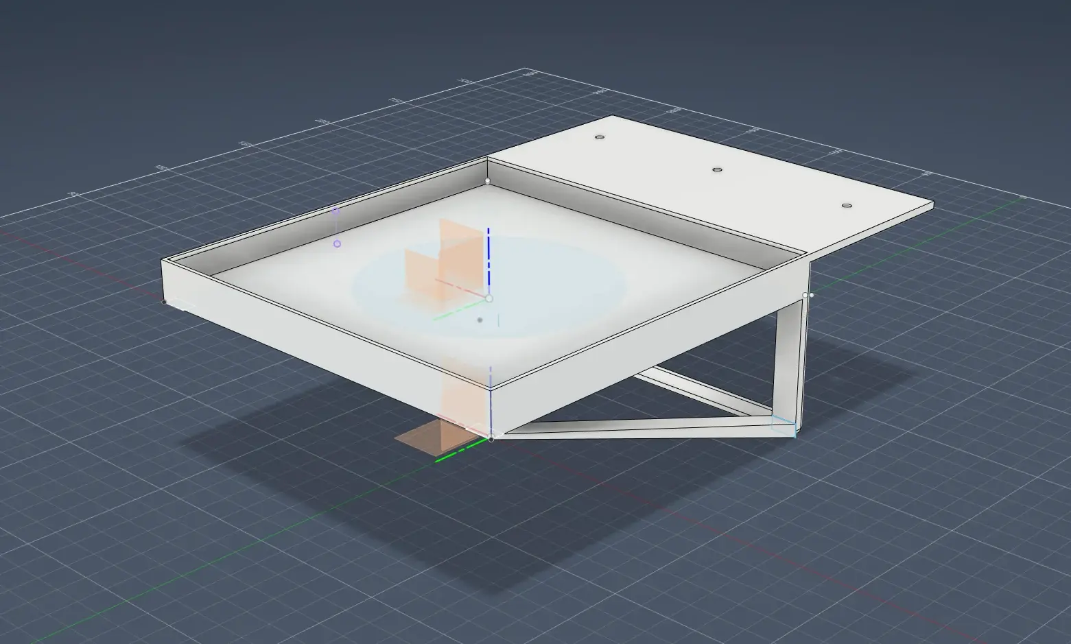 CAD study showing a raised tray-like structure, projecting plate, support, and diagonal brace