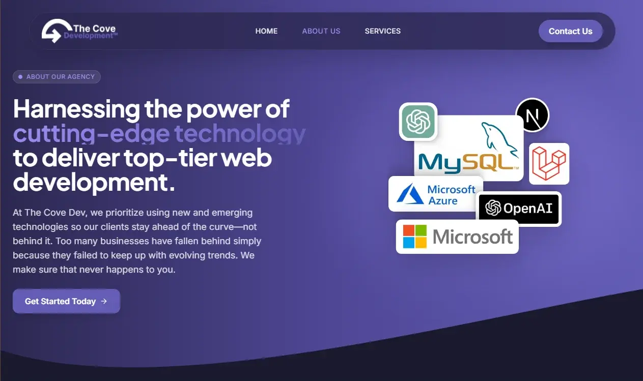 The Cove Dev about interface with a purple hero, navigation, introductory copy, and technology marks