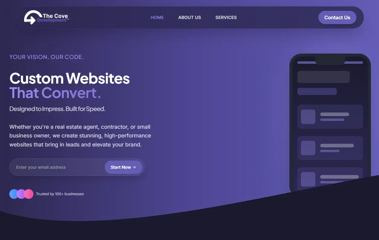 Responsive landing-page interface created for The Cove Dev