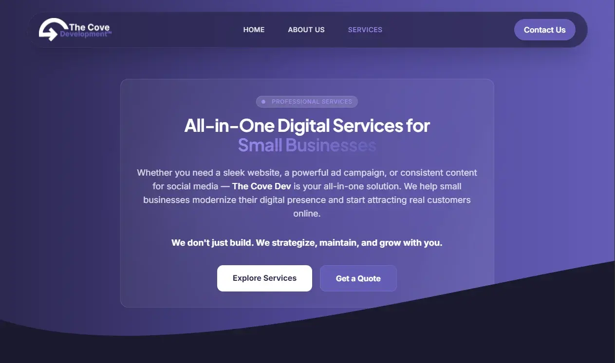 The Cove Dev services interface with a purple hero, service message, call to action, and phone mockup